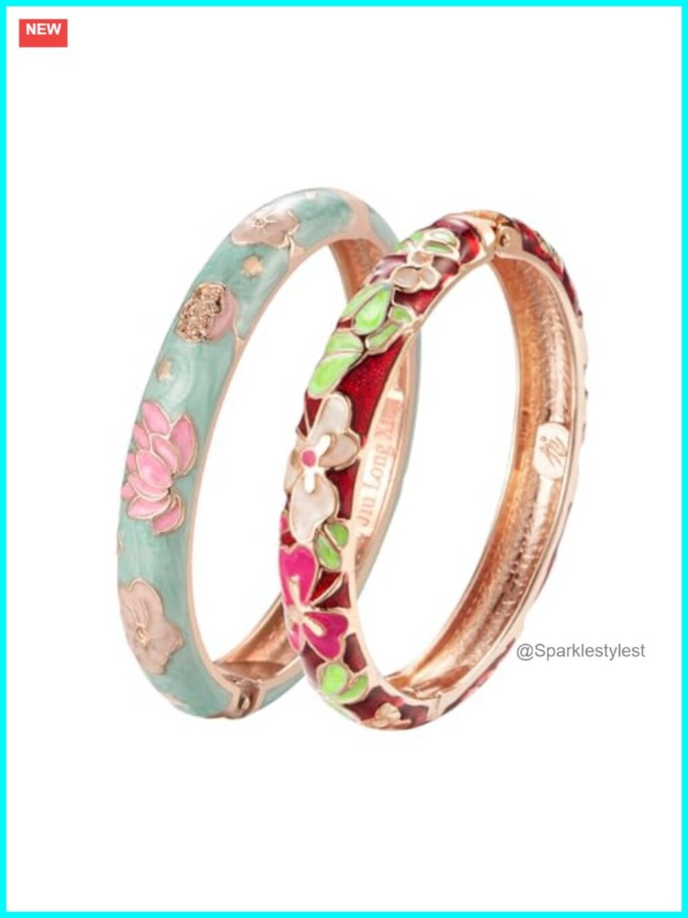 2 Pc Cloisonne Bracelet Set Openable Hinge Cuff Enamel Flower Bangle Gift